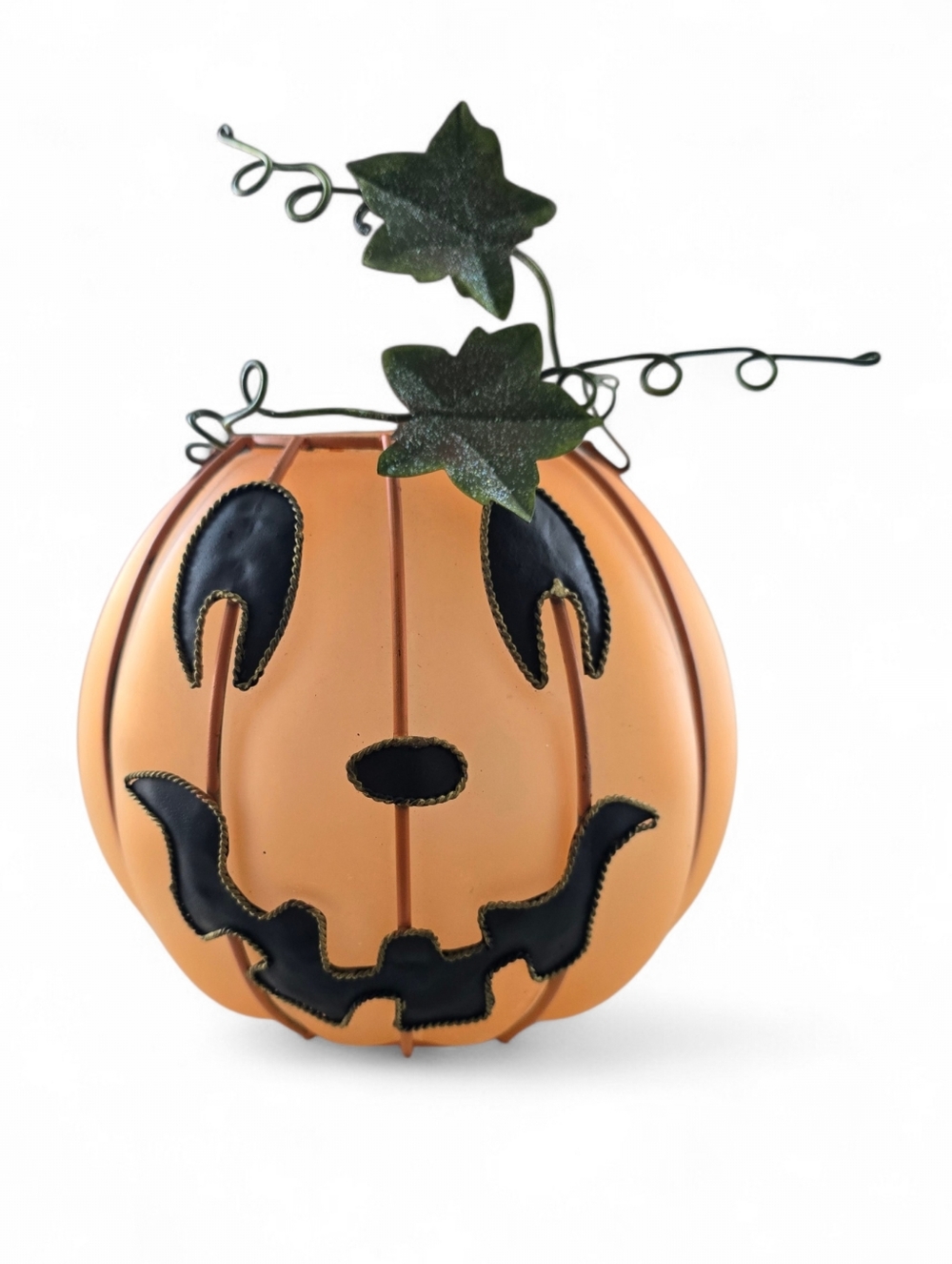 Halloween Pumpkin Candle Holder Frosted Glass Jack O Lantern Metal Vine - Picture 2 of 7